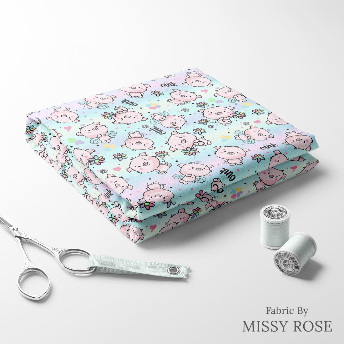 Design 831 Pigs Fabric folded fabric stack with matching thread – pre-order fabric Australia | Fabric by Missy Rose
