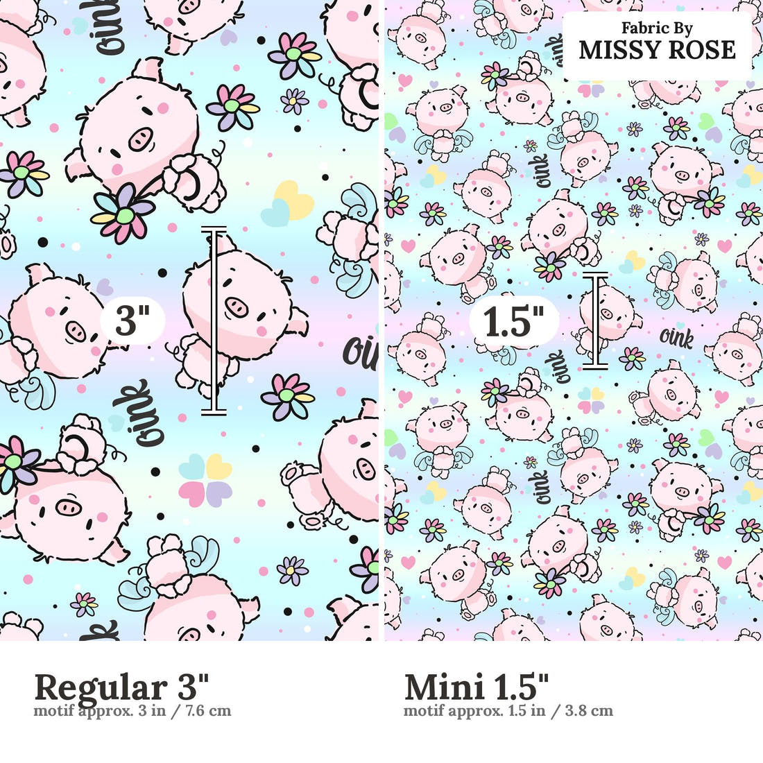 Design 831 Pigs Fabric size comparison - print scale | Fabric by Missy Rose