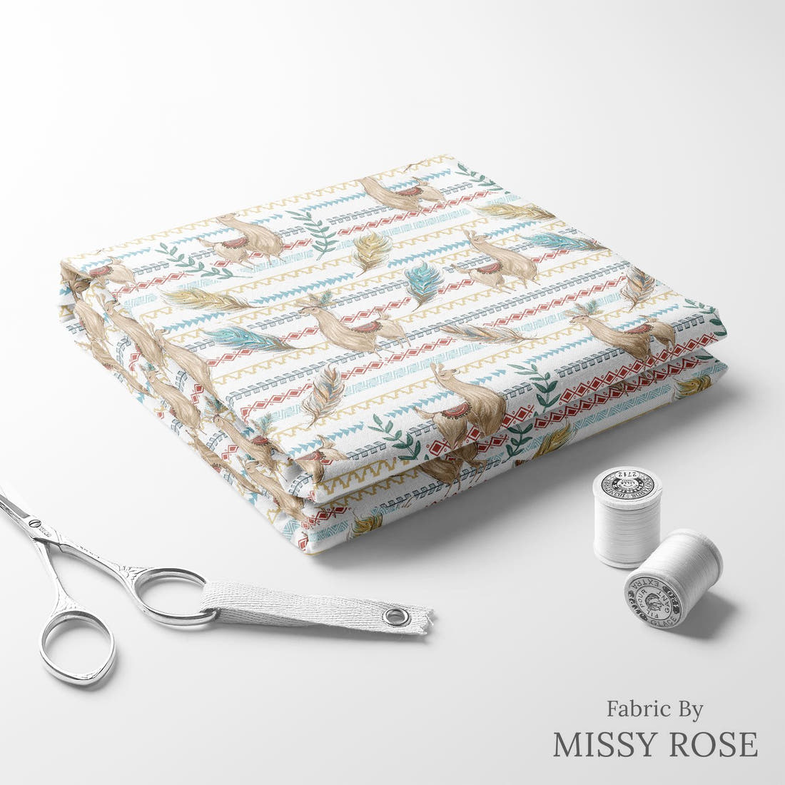 Design 832 Llama Fabric folded fabric stack with matching thread – pre-order fabric Australia | Fabric by Missy Rose