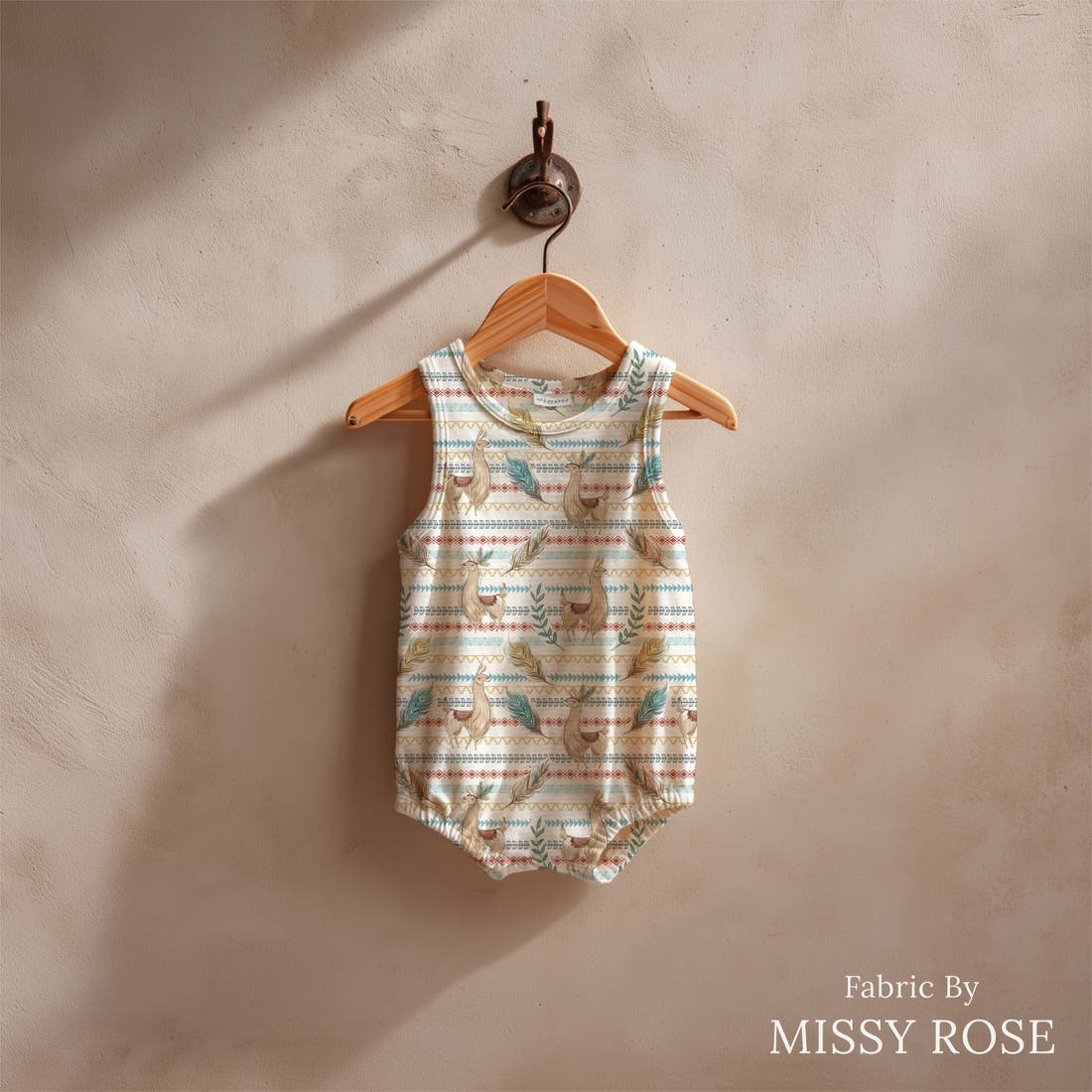 Design 832 Llama Fabric sewn into a baby romper – see how the print looks made up | Fabric by Missy Rose