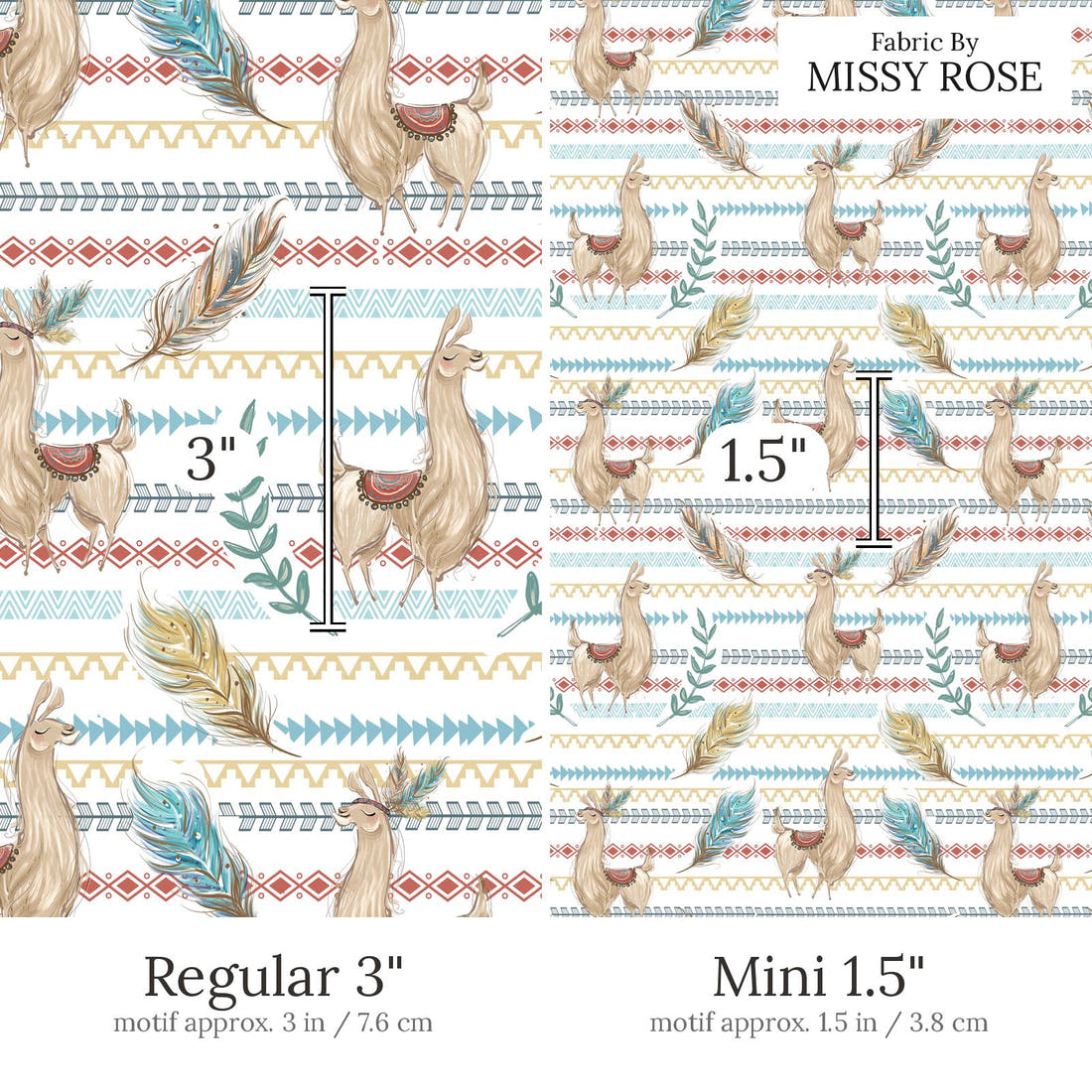 Design 832 Llama Fabric Regular 3 inch vs Mini 1.5 inch print scale side by side | Fabric by Missy Rose