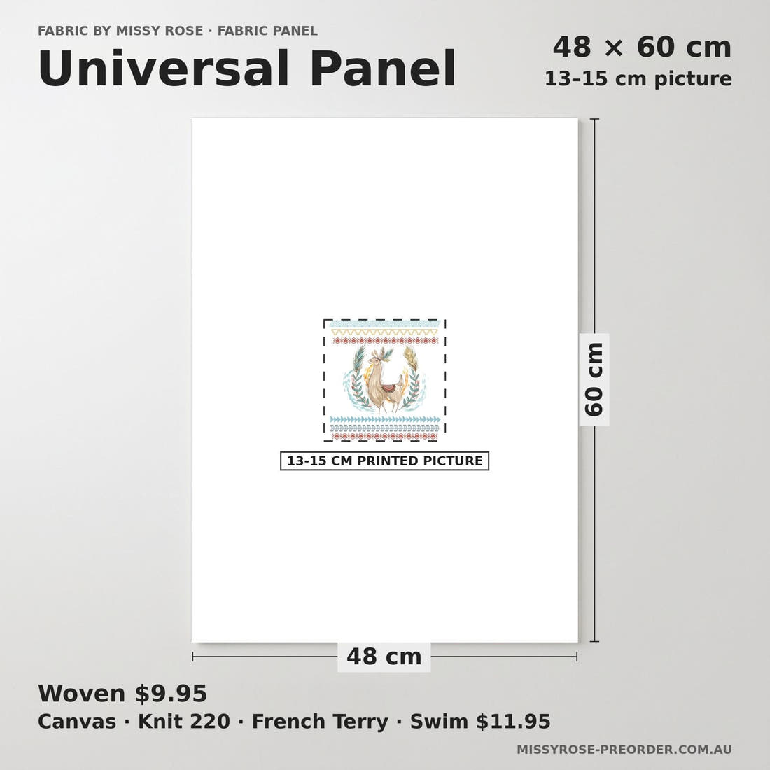 Design 832 Llama Panel universal panel sizing – 13–15 cm printed picture on 48 × 60 cm fabric | Fabric by Missy Rose