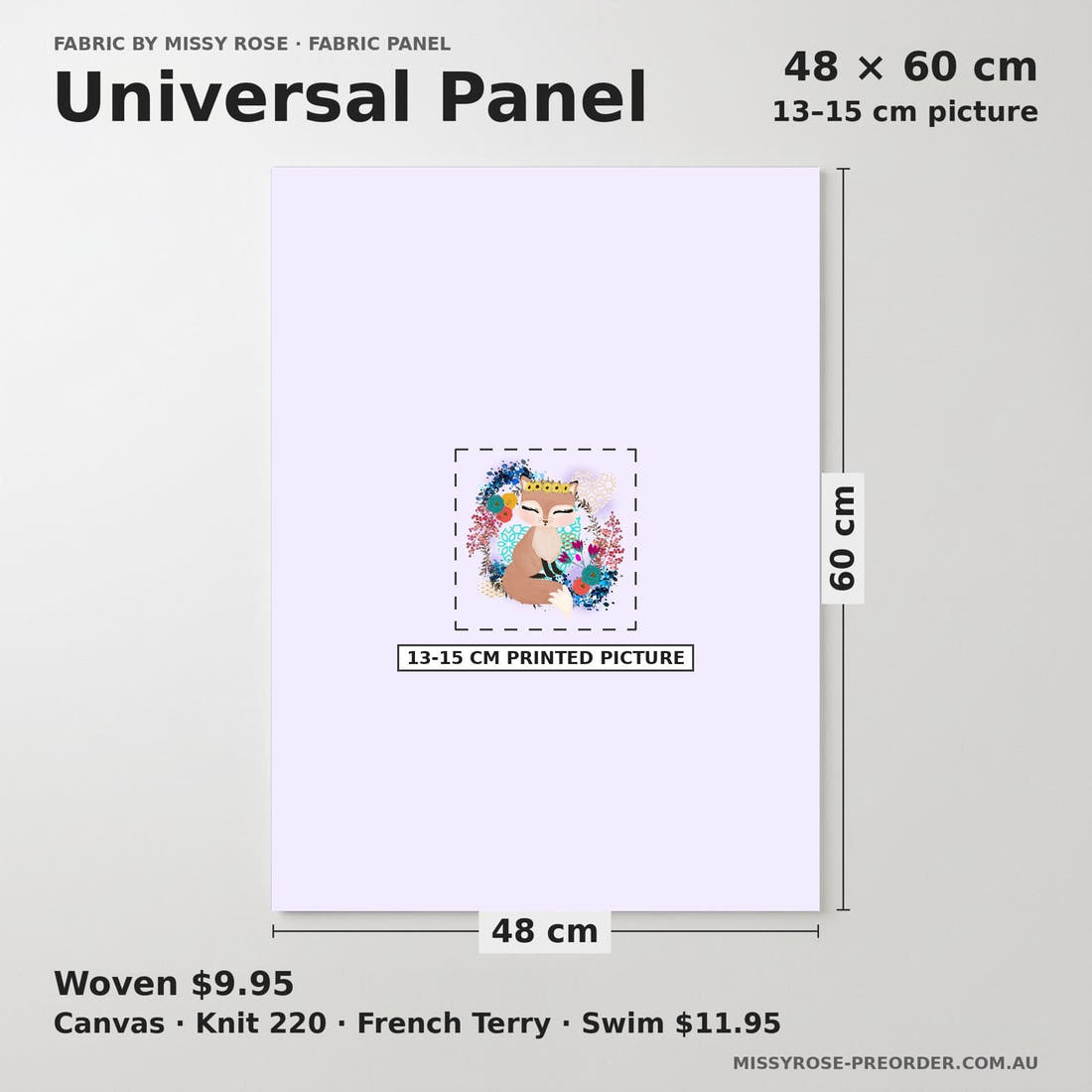 Design 833 Purple Fox Panel universal panel sizing – 13–15 cm printed picture on 48 × 60 cm fabric | Fabric by Missy Rose