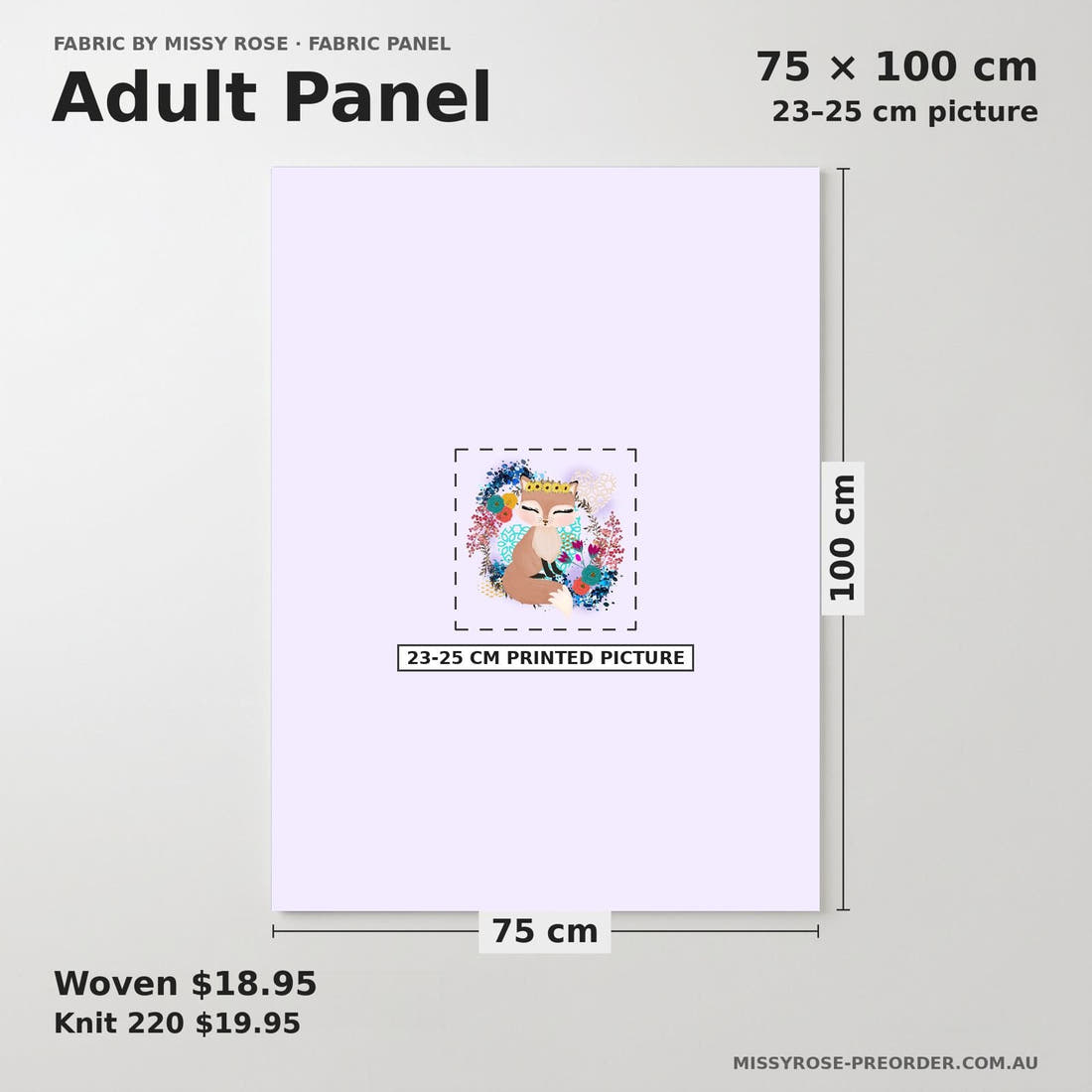 Design 833 Purple Fox Panel adult panel sizing – 23–25 cm printed picture on 75 × 100 cm fabric | Fabric by Missy Rose