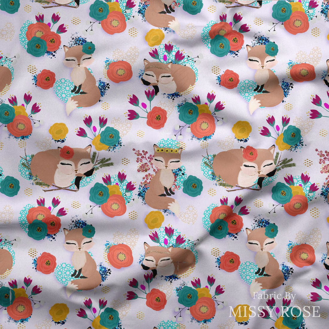Design 833 Purple Fox Fabric draped fabric mockup – custom printed fabric by the metre | Fabric by Missy Rose