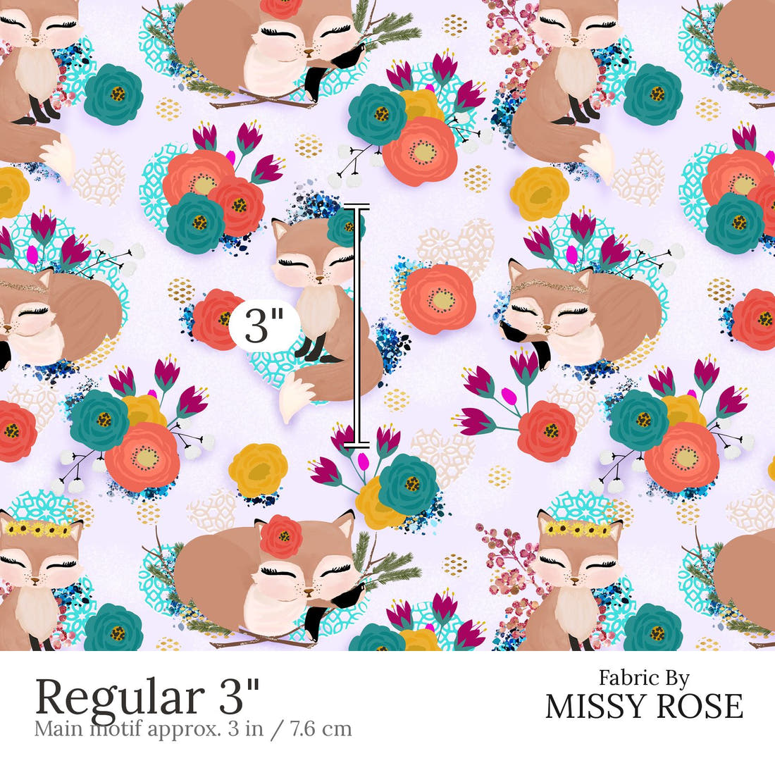 Design 833 Purple Fox Fabric Regular 3 inch print scale guide | Fabric by Missy Rose