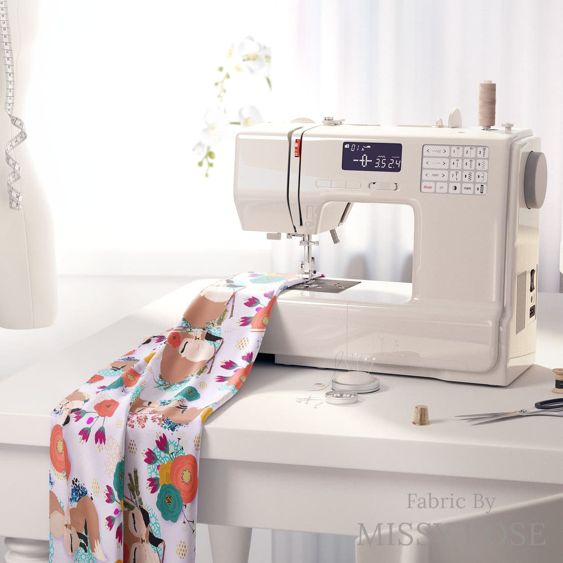 Design 833 Purple Fox Fabric on a sewing machine – premium fabric for sewing projects | Fabric by Missy Rose