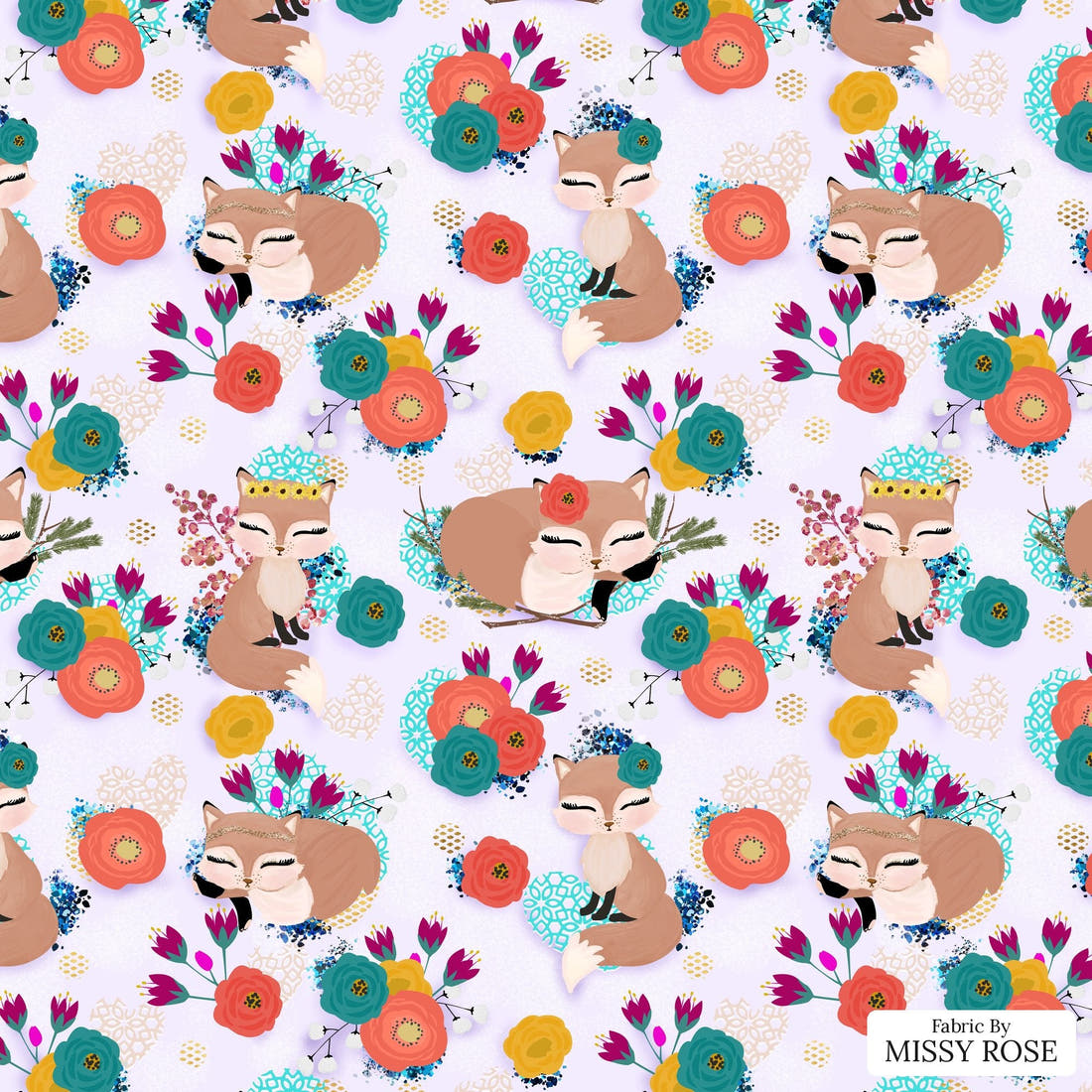 Design 833 Purple Fox Fabric - flat view of the print, zoom in for detail | Fabric by Missy Rose