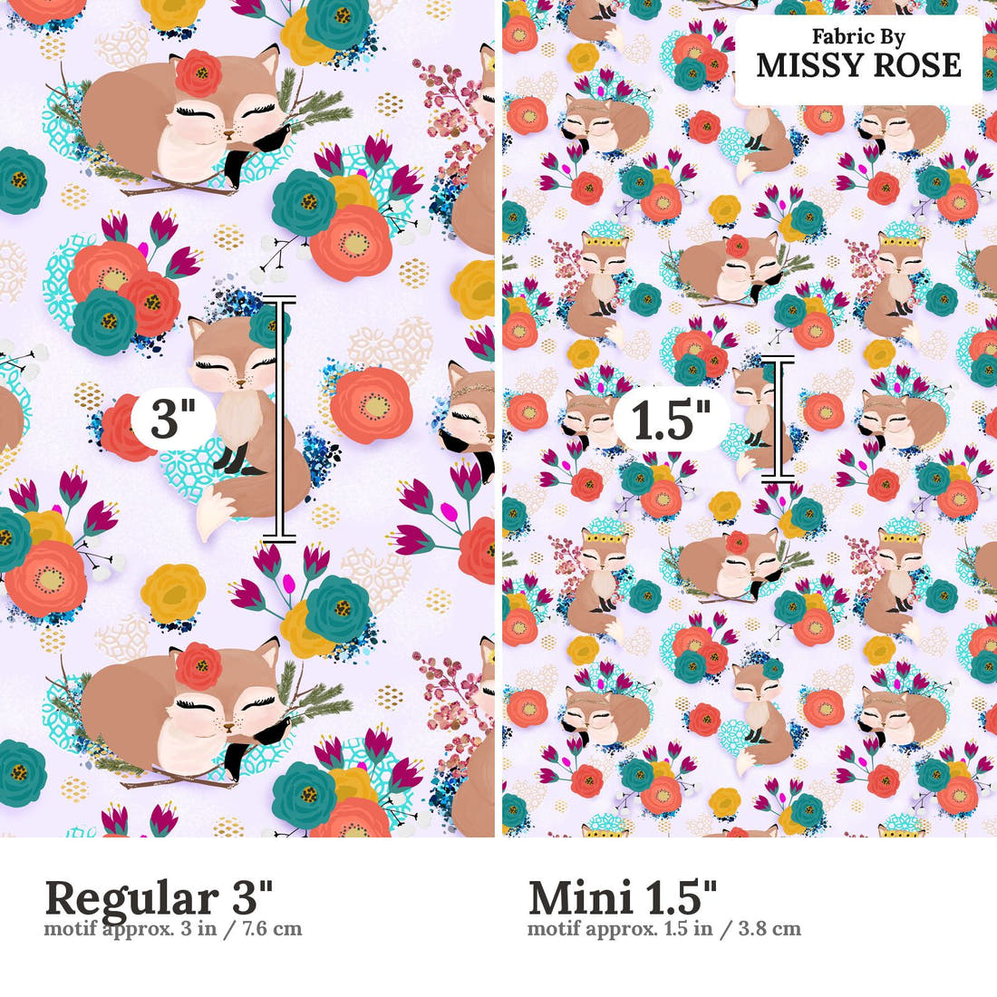 Design 833 Purple Fox Fabric size comparison - print scale | Fabric by Missy Rose