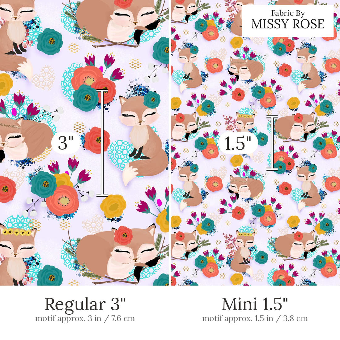 Design 833 Purple Fox Fabric Regular 3 inch vs Mini 1.5 inch print scale side by side | Fabric by Missy Rose