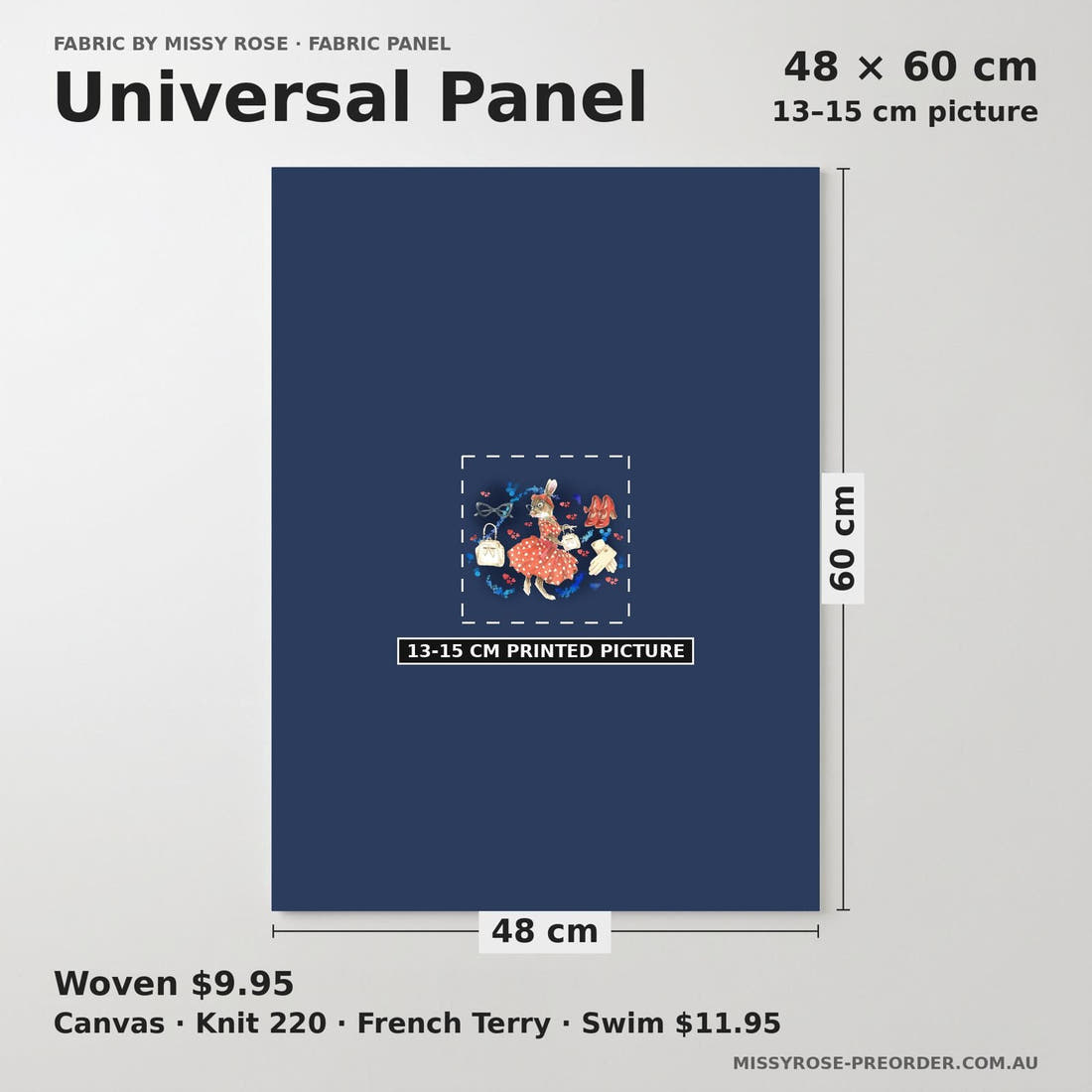 Design 834 Retro Bunny Panel universal panel sizing – 13–15 cm printed picture on 48 × 60 cm fabric | Fabric by Missy Rose
