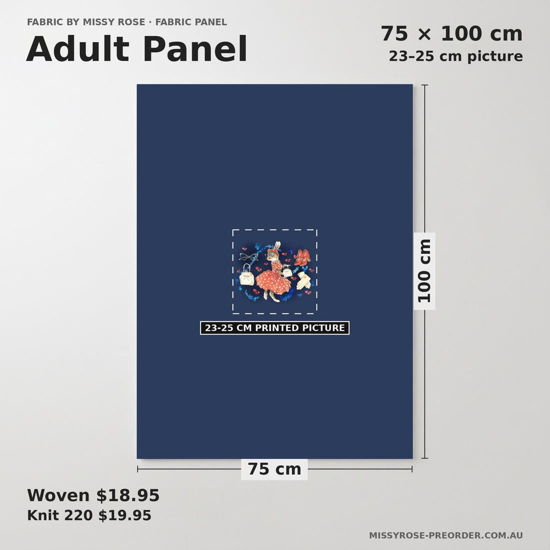 Design 834 Retro Bunny Panel adult panel sizing – 23–25 cm printed picture on 75 × 100 cm fabric | Fabric by Missy Rose