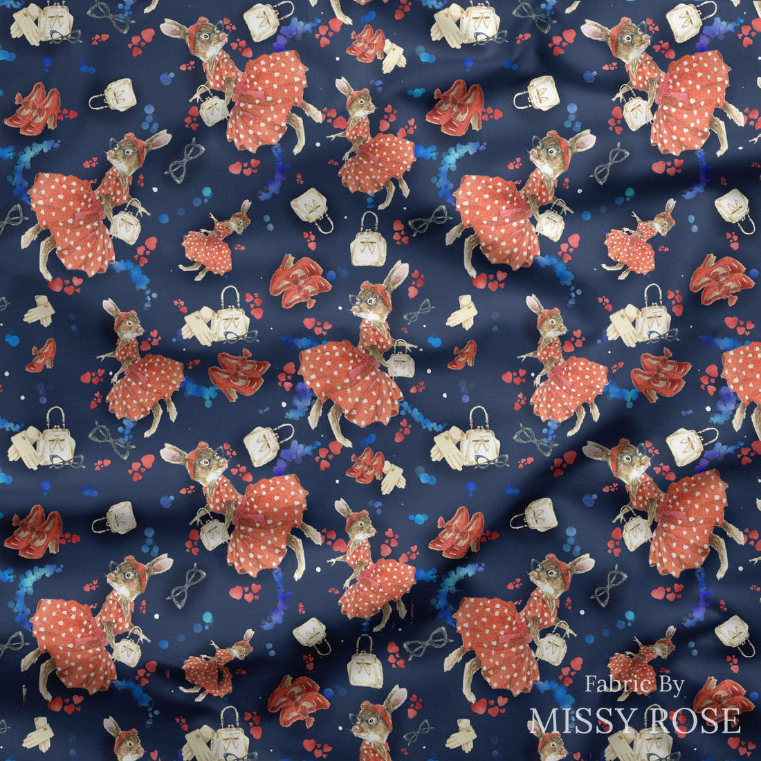 Design 834 Retro Bunny Fabric draped fabric mockup – custom printed fabric by the metre | Fabric by Missy Rose