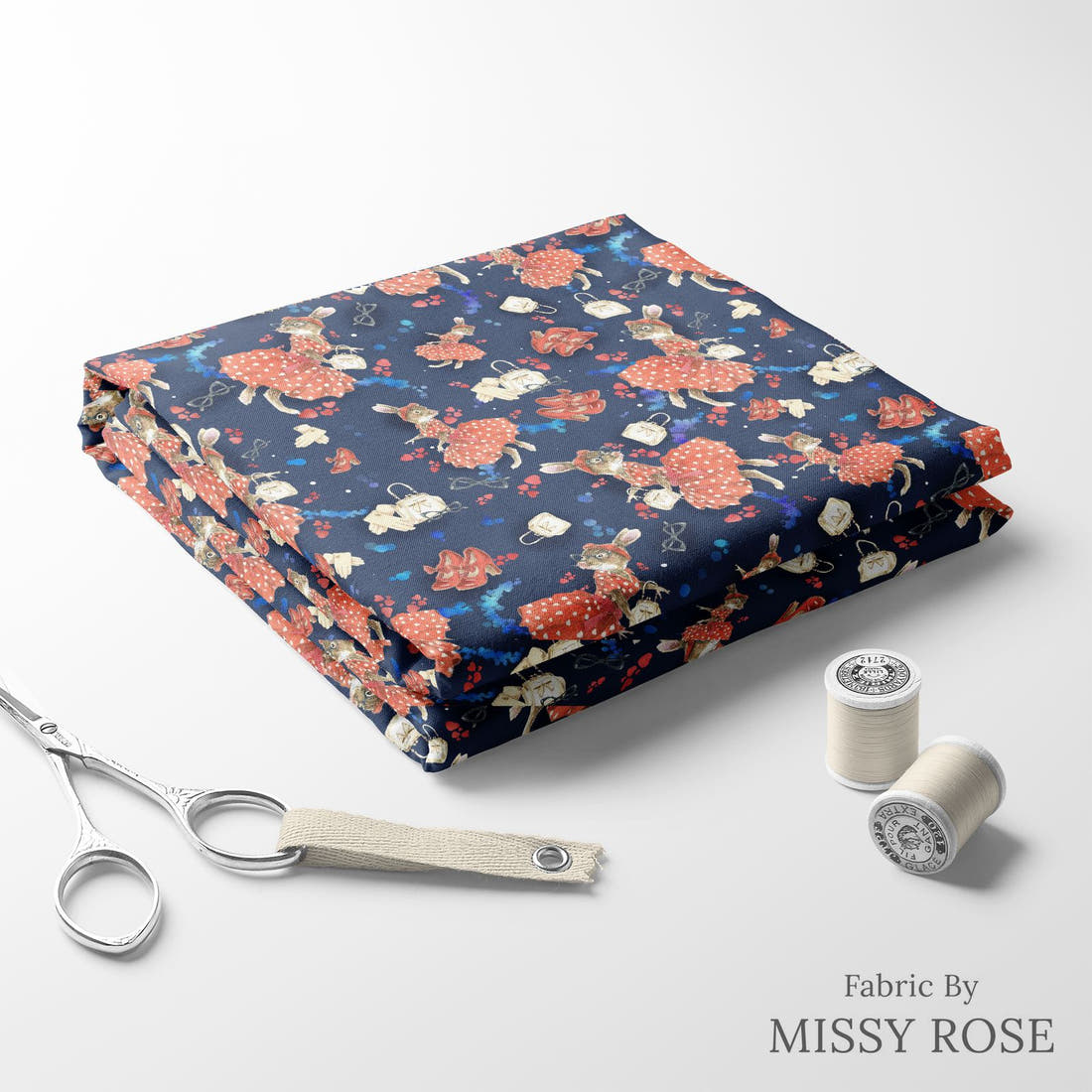 Design 834 Retro Bunny Fabric folded fabric stack with matching thread – pre-order fabric Australia | Fabric by Missy Rose