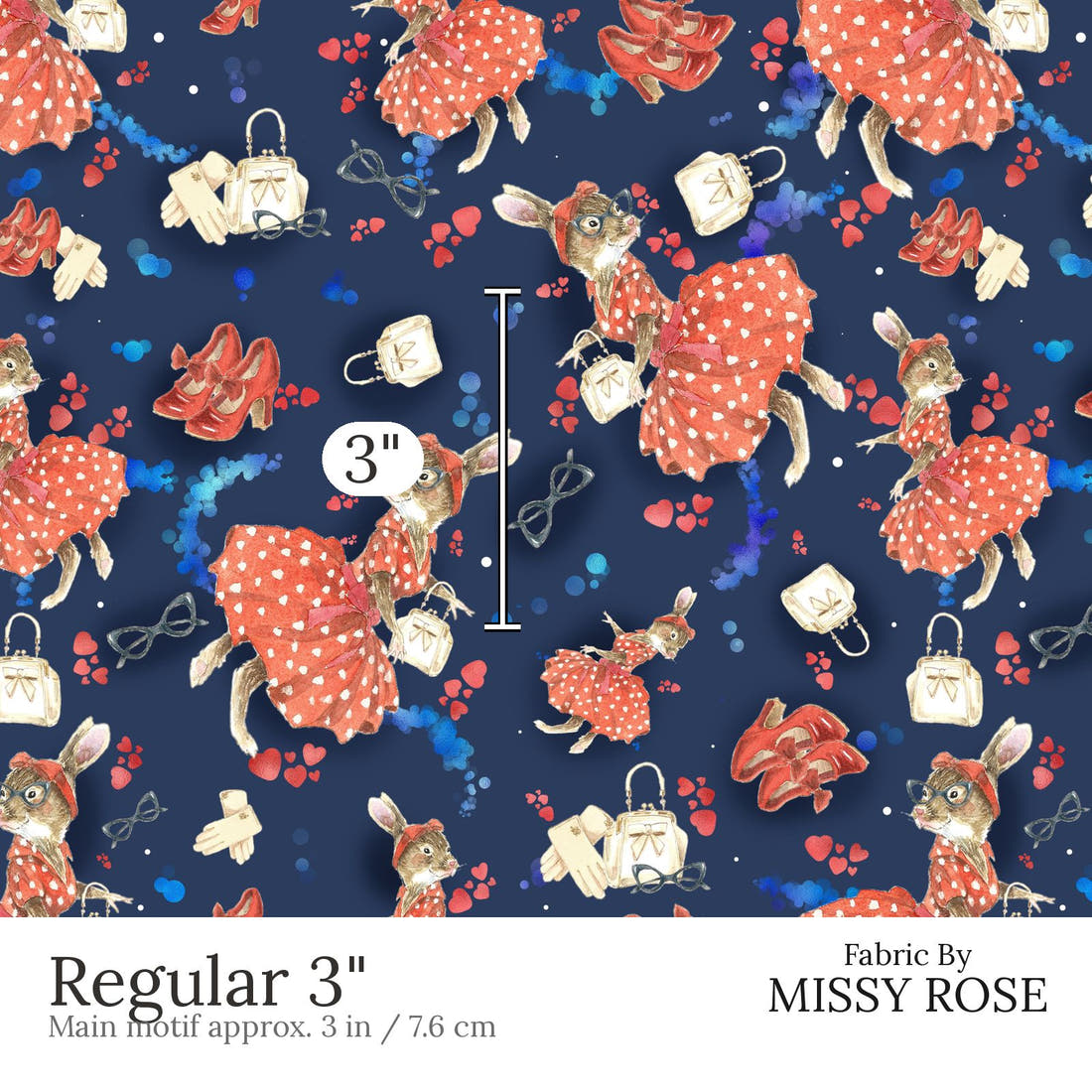 Design 834 Retro Bunny Fabric Regular 3 inch print scale guide | Fabric by Missy Rose