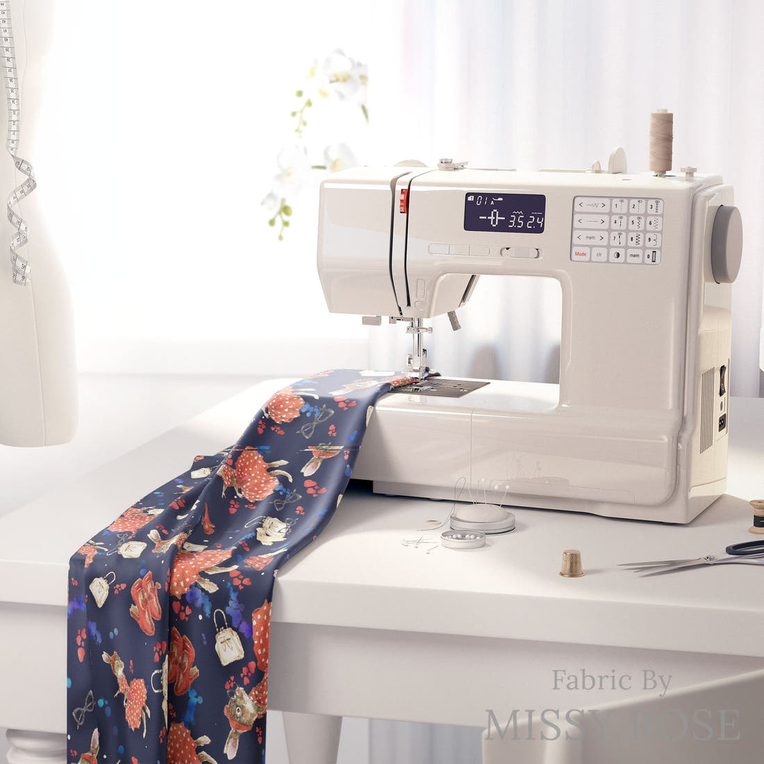Design 834 Retro Bunny Fabric on a sewing machine – premium fabric for sewing projects | Fabric by Missy Rose