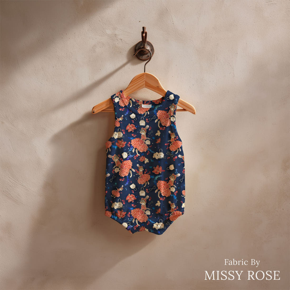 Design 834 Retro Bunny Fabric sewn into a baby romper – see how the print looks made up | Fabric by Missy Rose