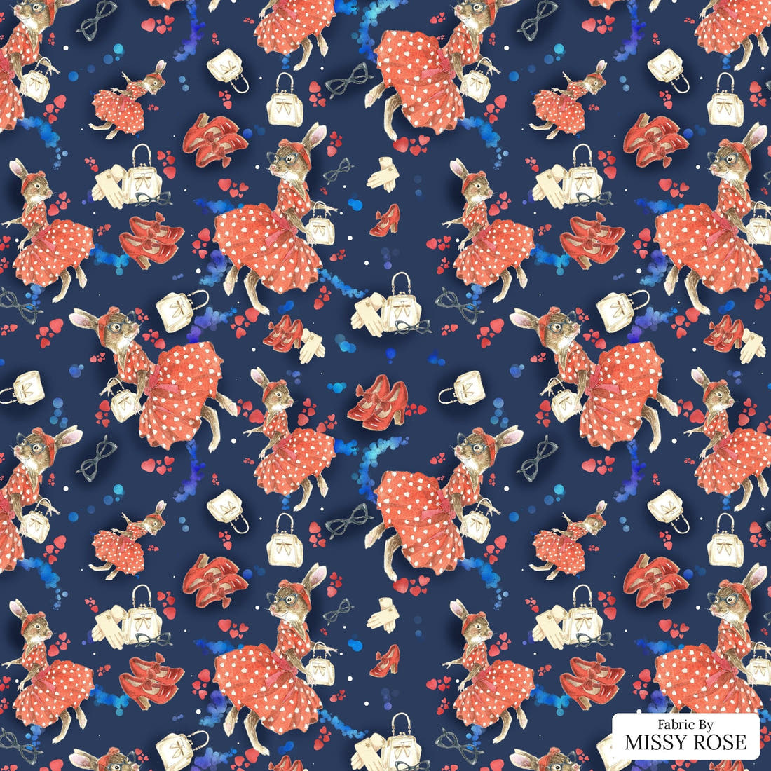 Design 834 Retro Bunny Fabric - flat view of the print, zoom in for detail | Fabric by Missy Rose
