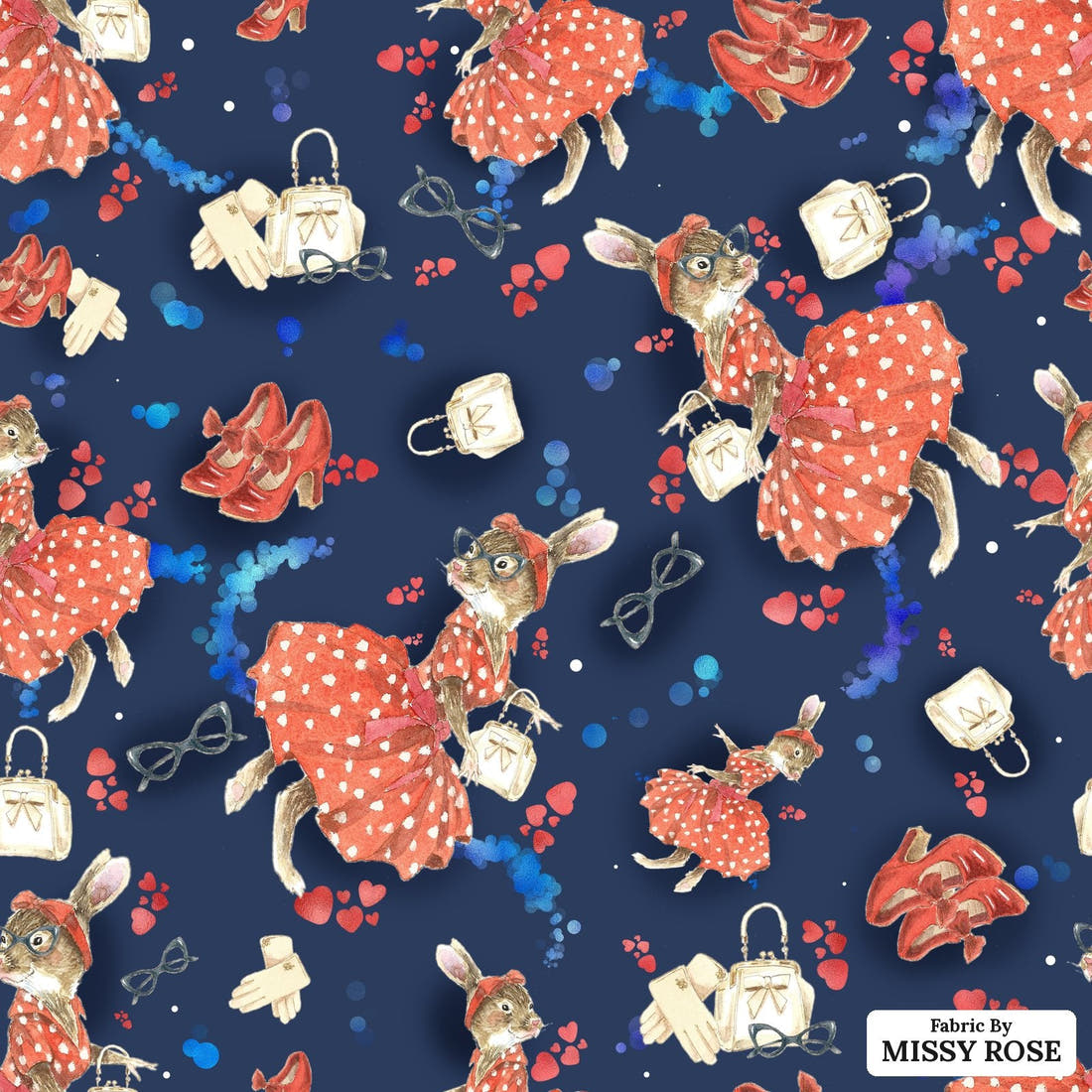 Design 834 Retro Bunny Fabric - flat view of the print, zoom in for detail | Fabric by Missy Rose