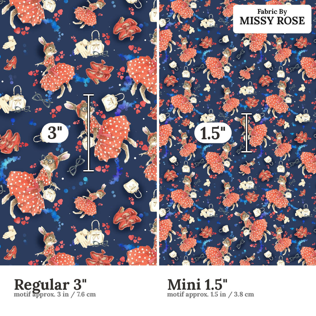 Design 834 Retro Bunny Fabric size comparison - print scale | Fabric by Missy Rose