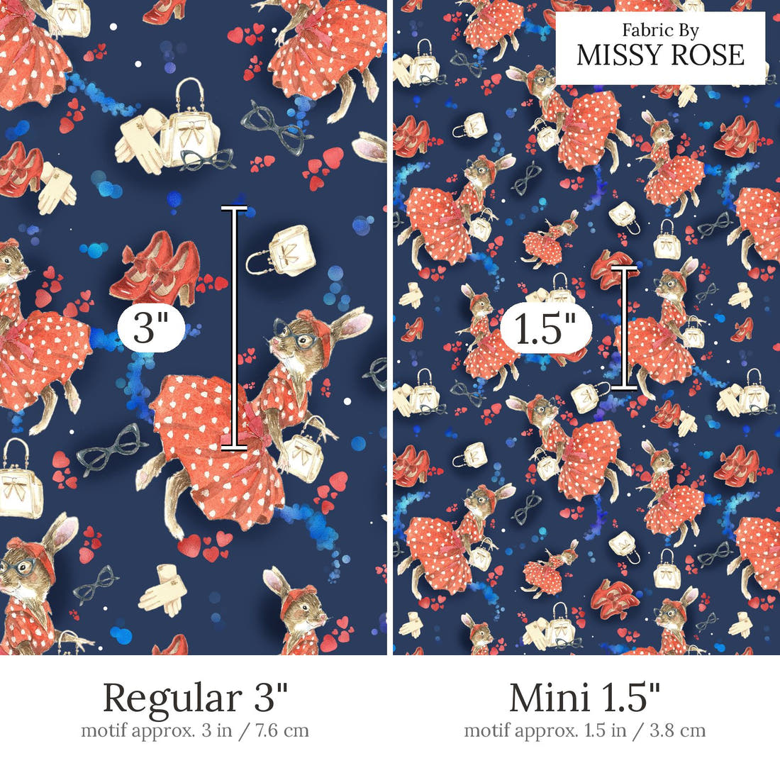 Design 834 Retro Bunny Fabric Regular 3 inch vs Mini 1.5 inch print scale side by side | Fabric by Missy Rose