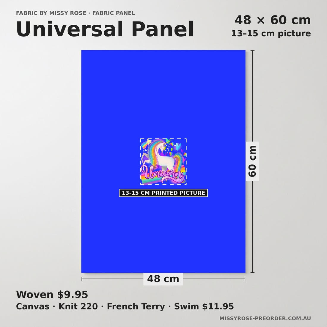 Design 835 Rainbow Unicorn Panel universal panel sizing – 13–15 cm printed picture on 48 × 60 cm fabric | Fabric by Missy Rose