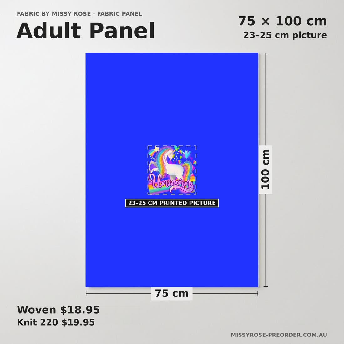 Design 835 Rainbow Unicorn Panel adult panel sizing – 23–25 cm printed picture on 75 × 100 cm fabric | Fabric by Missy Rose
