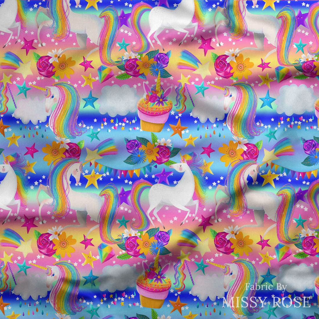 Design 835 Rainbow Unicorn Fabric draped fabric mockup – custom printed fabric by the metre | Fabric by Missy Rose