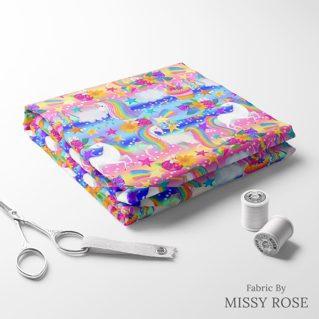 Design 835 Rainbow Unicorn Fabric folded fabric stack with matching thread – pre-order fabric Australia | Fabric by Missy Rose