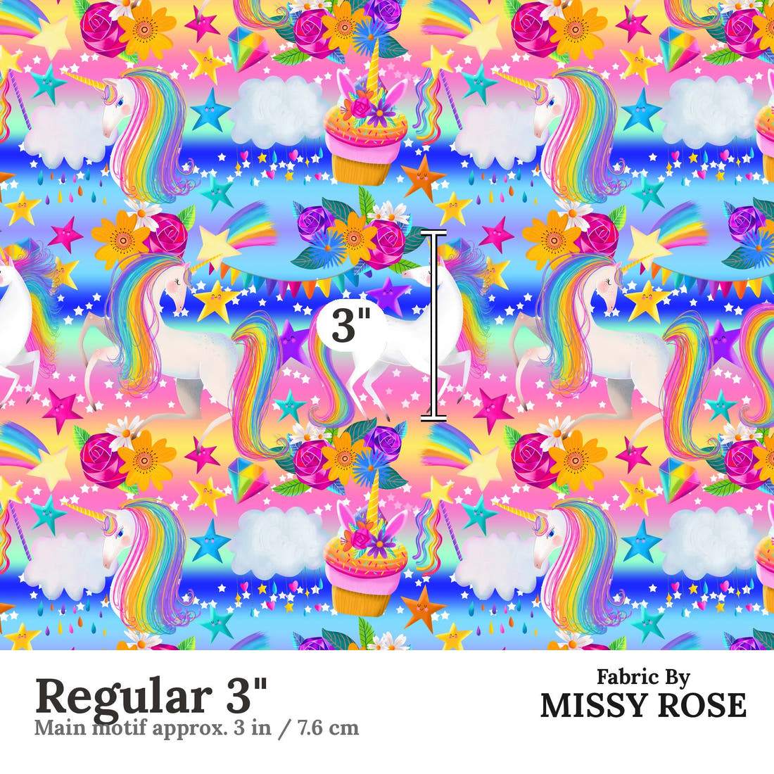 Design 835 Rainbow Unicorn Fabric Regular 3" - print scale | Fabric by Missy Rose