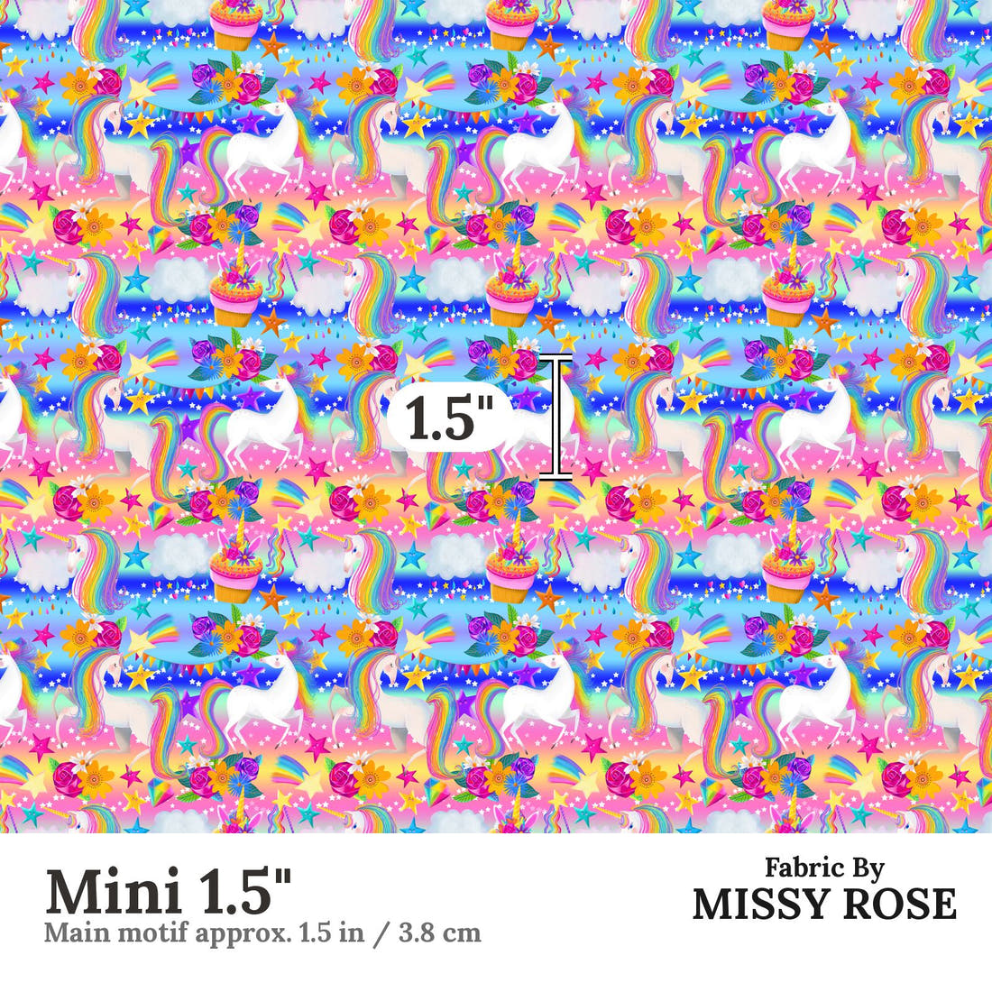 Design 835 Rainbow Unicorn Fabric Mini 1.5" - print scale | Fabric by Missy Rose
