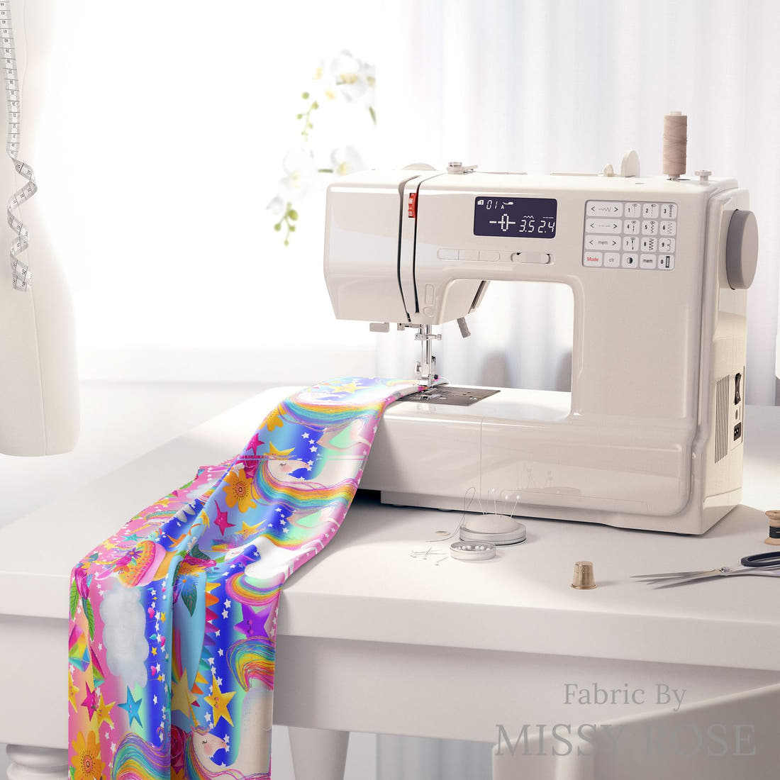 Design 835 Rainbow Unicorn Fabric on a sewing machine – premium fabric for sewing projects | Fabric by Missy Rose