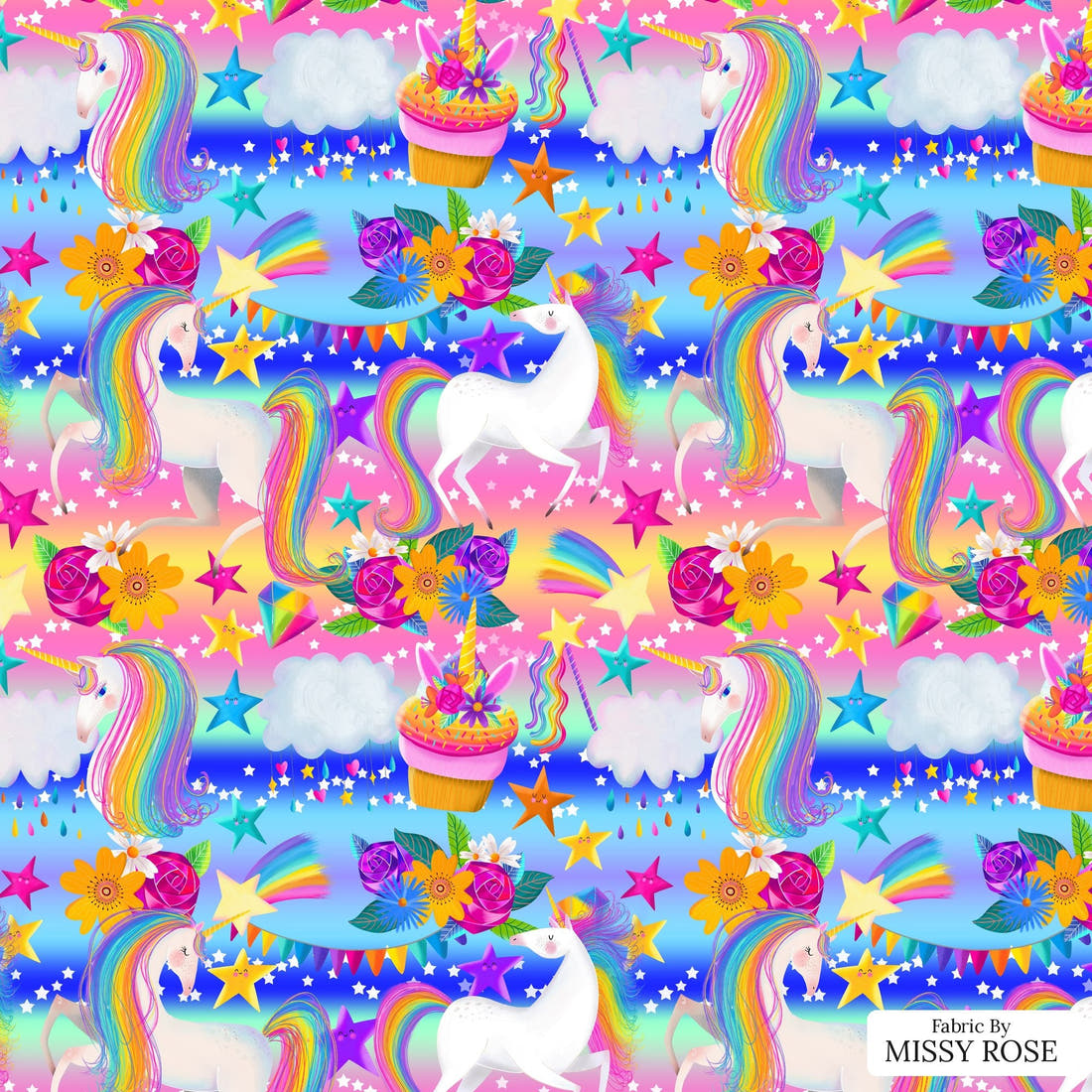 Design 835 Rainbow Unicorn Fabric - flat view of the print, zoom in for detail | Fabric by Missy Rose