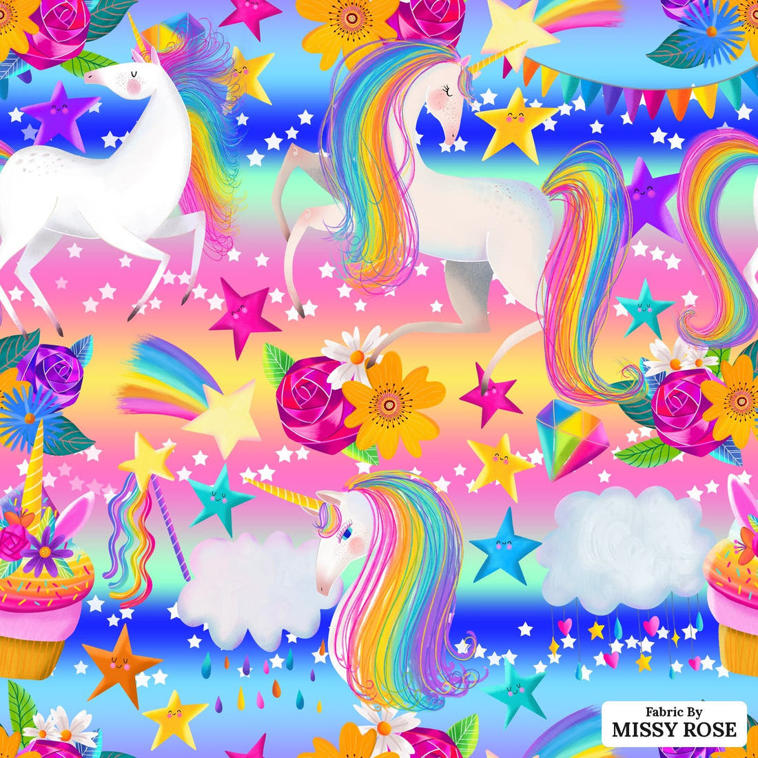 Design 835 Rainbow Unicorn Fabric - flat view of the print, zoom in for detail | Fabric by Missy Rose