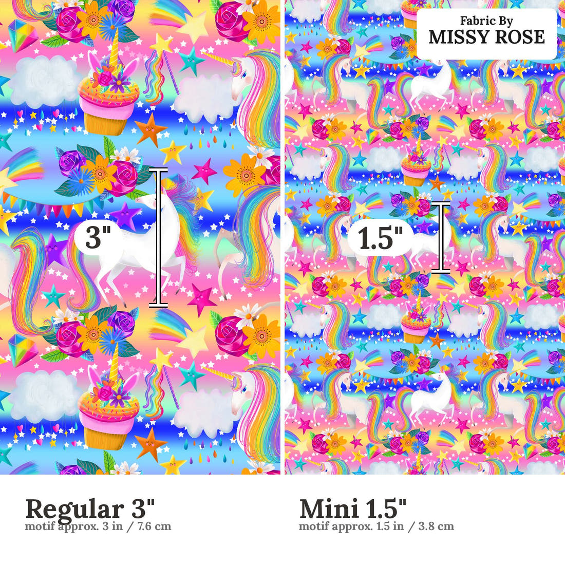 Design 835 Rainbow Unicorn Fabric size comparison - print scale | Fabric by Missy Rose