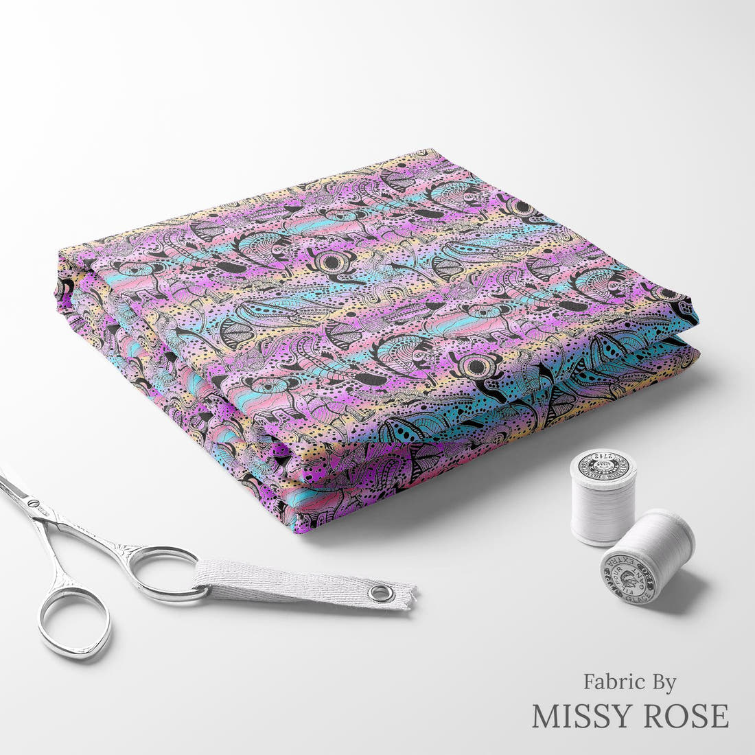 Design 836 Totem Families Fabric folded fabric stack with matching thread – pre-order fabric Australia | Fabric by Missy Rose