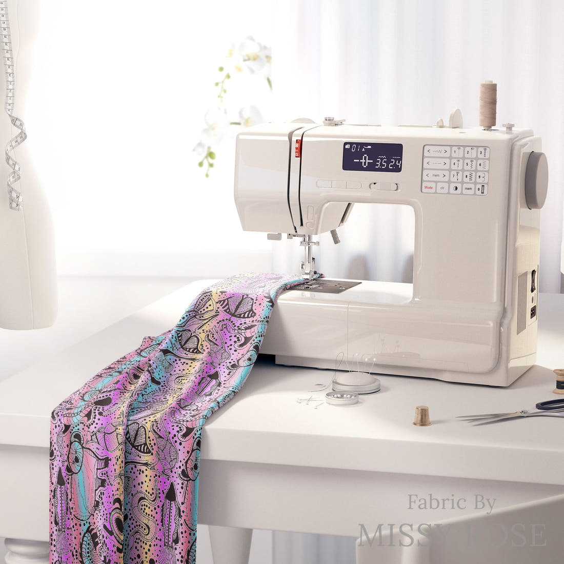 Design 836 Totem Families Fabric on a sewing machine – premium fabric for sewing projects | Fabric by Missy Rose