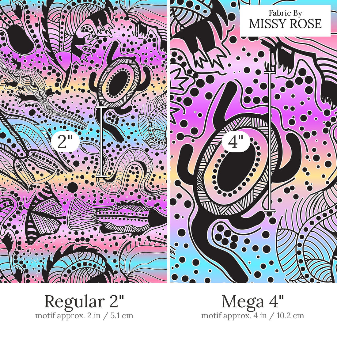Design 836 Totem Families Fabric Regular 2 inch vs Mega 4 inch print scale side by side | Fabric by Missy Rose