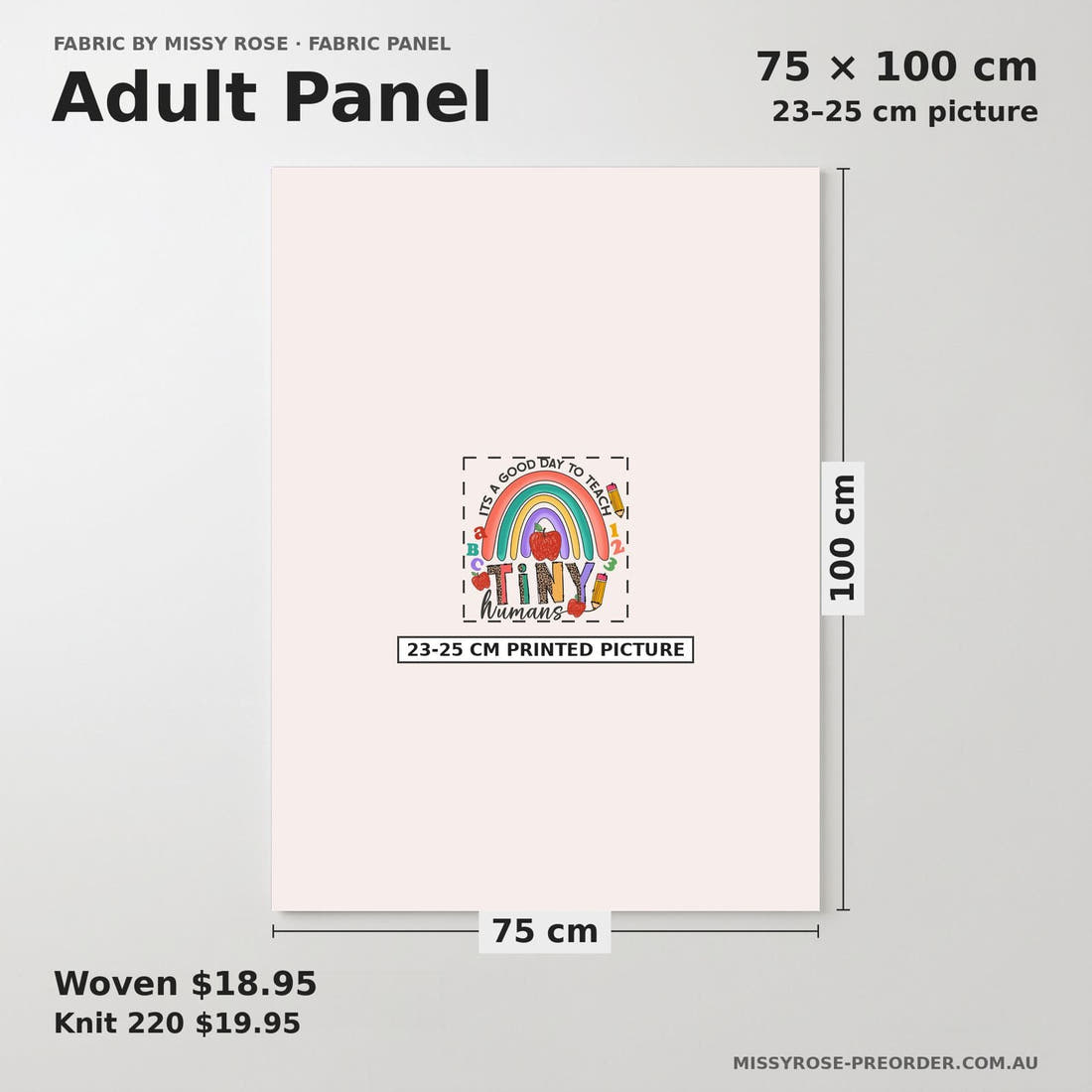 Design 837 Teacher Panel adult panel sizing – 23–25 cm printed picture on 75 × 100 cm fabric | Fabric by Missy Rose