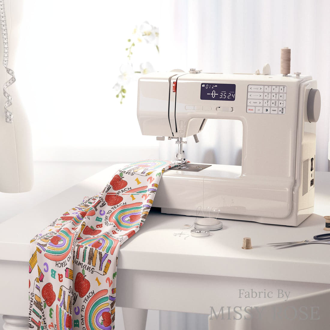 Design 837 Teacher Fabric on a sewing machine – premium fabric for sewing projects | Fabric by Missy Rose