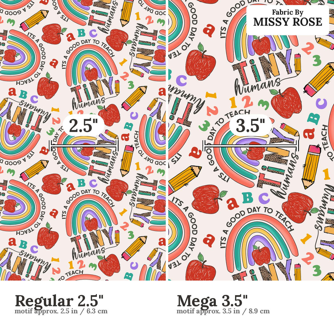 Design 837 Teacher Fabric size comparison - print scale | Fabric by Missy Rose