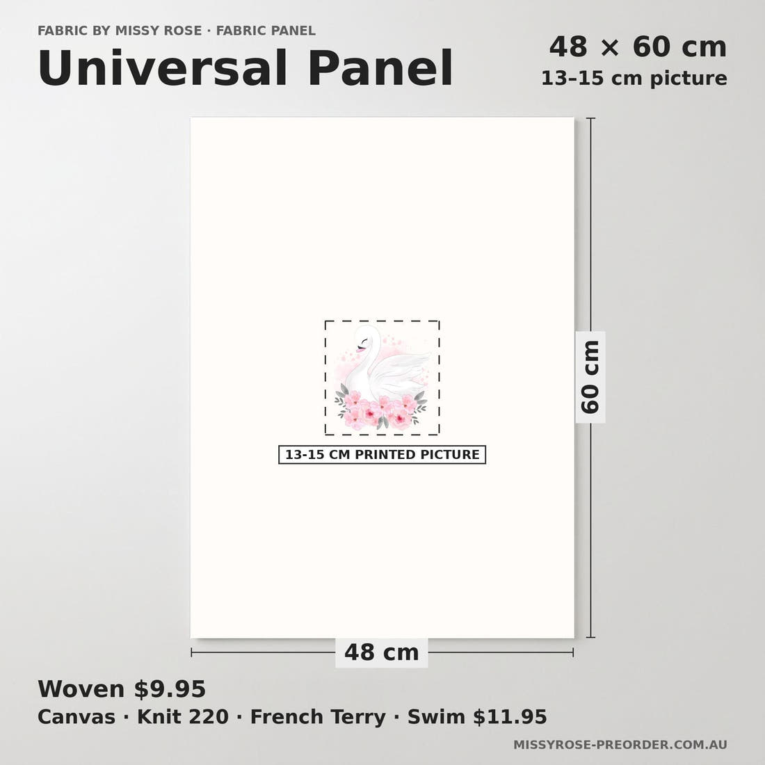 Design 838 Swan Panel universal panel sizing – 13–15 cm printed picture on 48 × 60 cm fabric | Fabric by Missy Rose