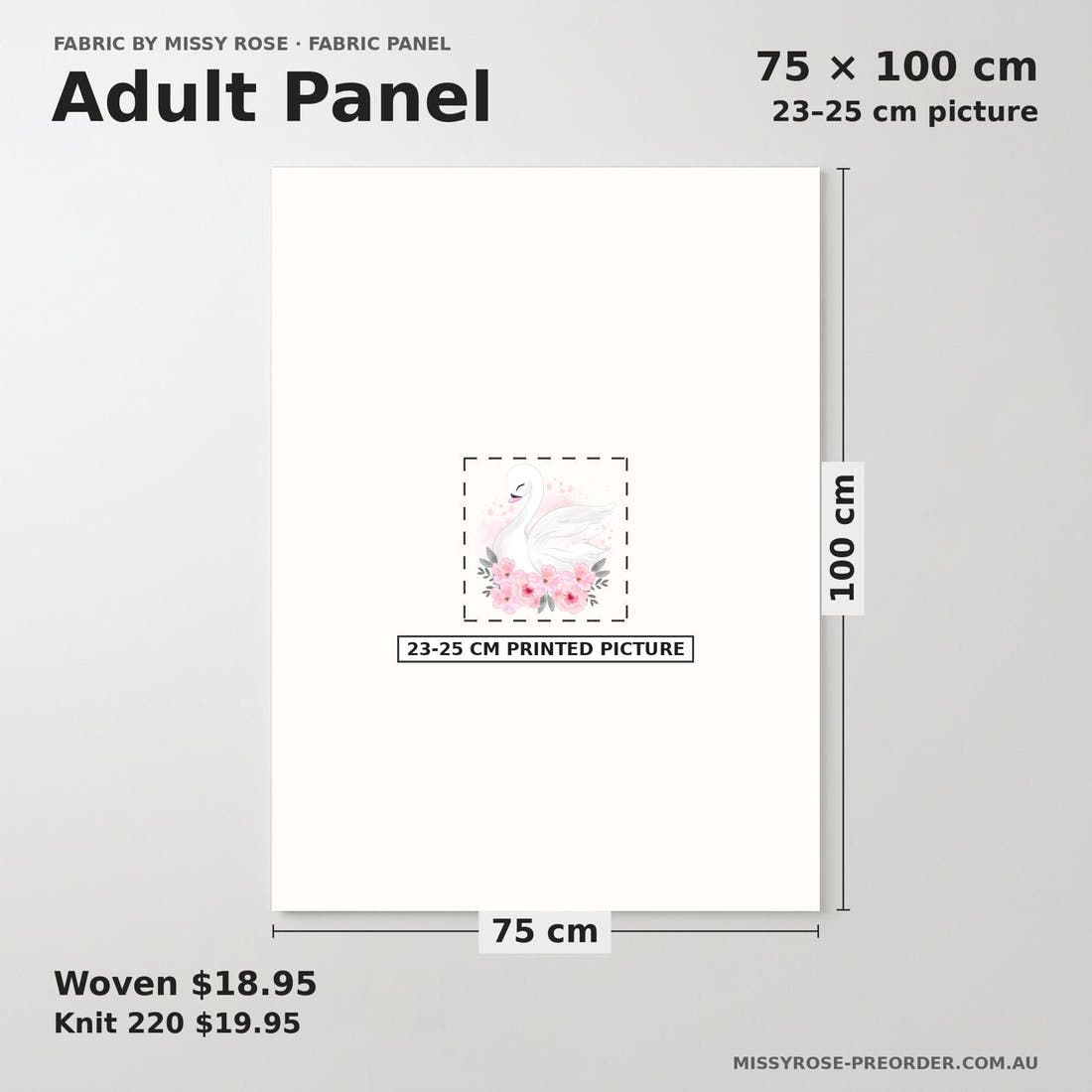 Design 838 Swan Panel adult panel sizing – 23–25 cm printed picture on 75 × 100 cm fabric | Fabric by Missy Rose
