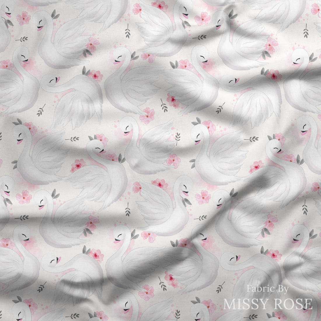Design 838 Swan Fabric draped fabric mockup – custom printed fabric by the metre | Fabric by Missy Rose