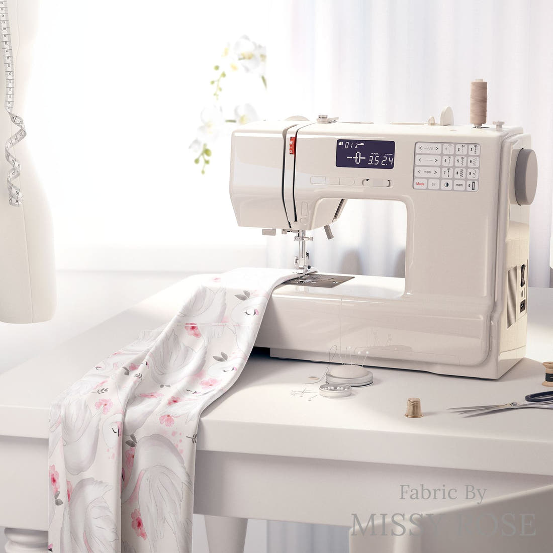 Design 838 Swan Fabric on a sewing machine – premium fabric for sewing projects | Fabric by Missy Rose