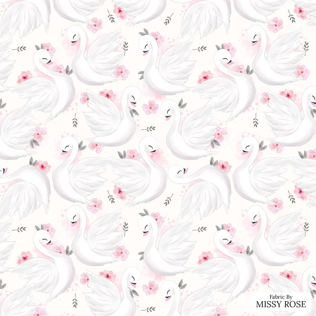 Design 838 Swan Fabric - flat view of the print, zoom in for detail | Fabric by Missy Rose