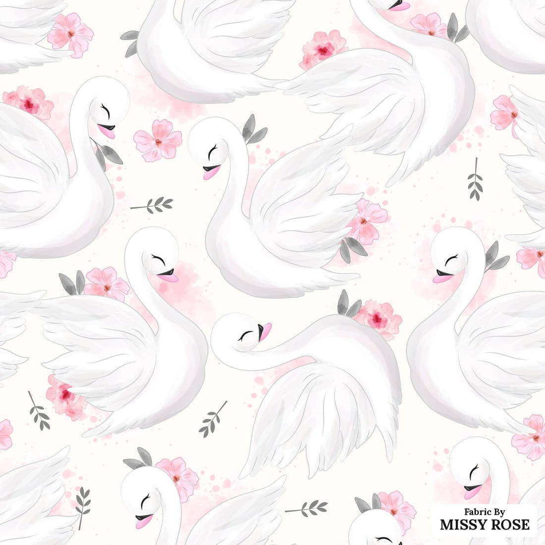 Design 838 Swan Fabric - flat view of the print, zoom in for detail | Fabric by Missy Rose
