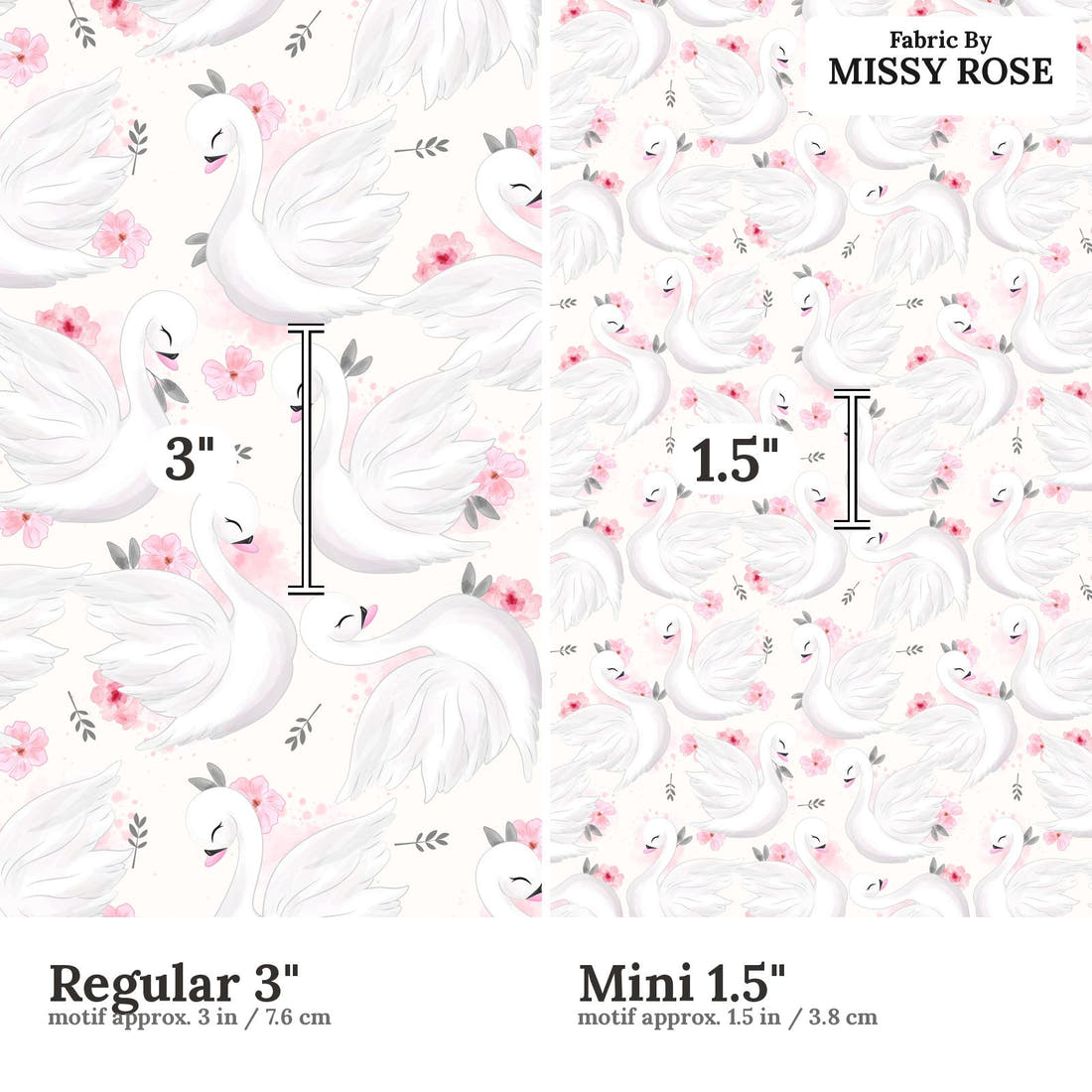 Design 838 Swan Fabric size comparison - print scale | Fabric by Missy Rose