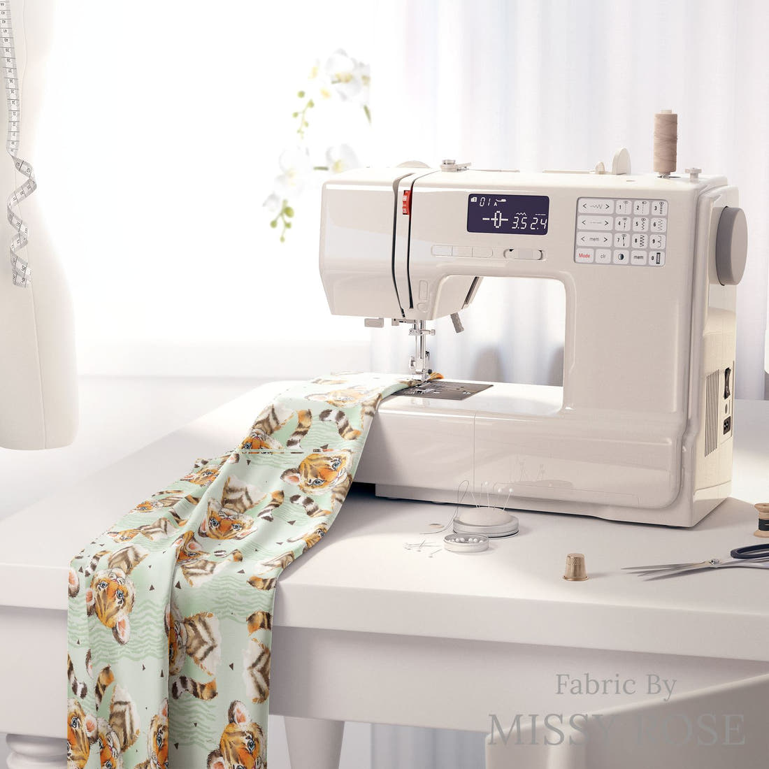 Design 839 Green Tiger Fabric on a sewing machine – premium fabric for sewing projects | Fabric by Missy Rose