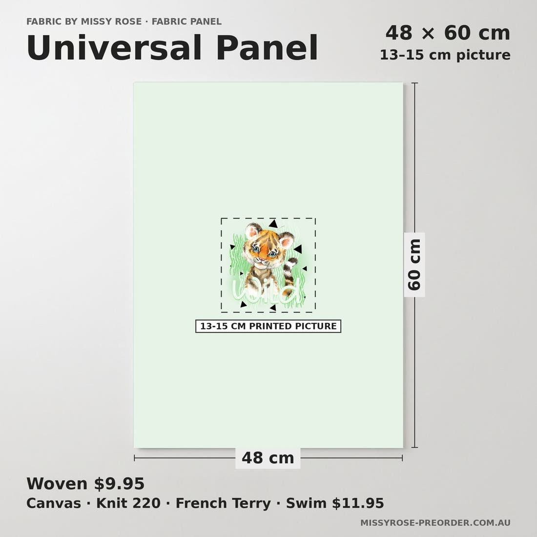 Design 839 Green Tiger Panel universal panel sizing – 13–15 cm printed picture on 48 × 60 cm fabric | Fabric by Missy Rose